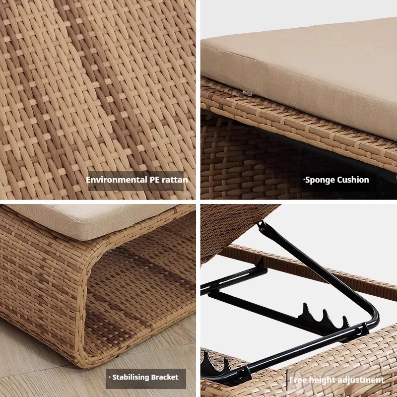 ！@Modern Outdoor Teak Rattan Recliner Bed Sofa Foldable UV Resistant Anti-Rust Cushions Included Hotel Pool Leisure Use