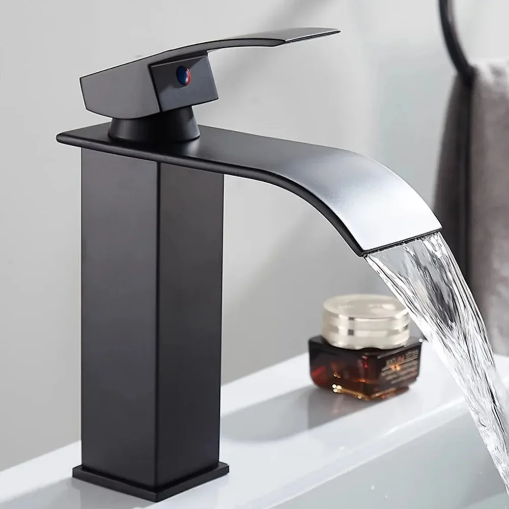 

High-Low Waterfall Basin Faucet in Black Stainless Steel Hot & Cold Mixer Tap for Modern Bathroom Vanity Sink