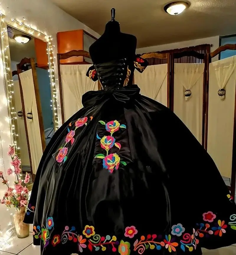 Vitnage 2023 preto charro bordado quinceanera vestidos com xale vestidos de 15 anos corset renda doce 16 xv vestidos de baile