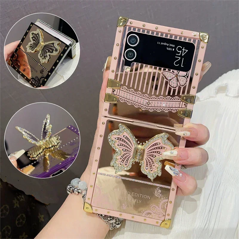 Luxury Butterfly Case for Samsung Galaxy Z Flip 4 3 Flip4 A73 A54 5G A34 A52 A14 A53 A72 S23 Ultra S22 Plus S24 Girl Stand Cover