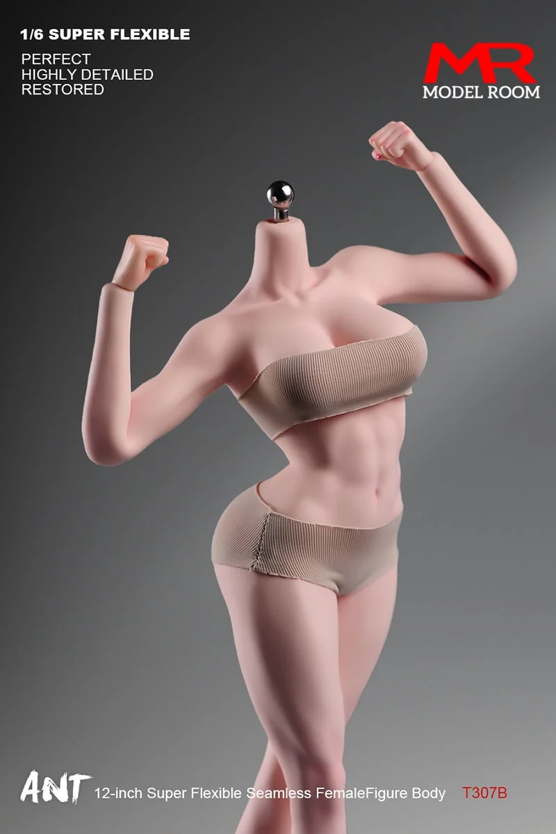 النمل T307 1/6 مقياس أنثى رياضية سلس الجسم 12 ''الجندي ماكياج كبير الثدي عمل الشكل شاحب Suntan عادي مرنة دمية