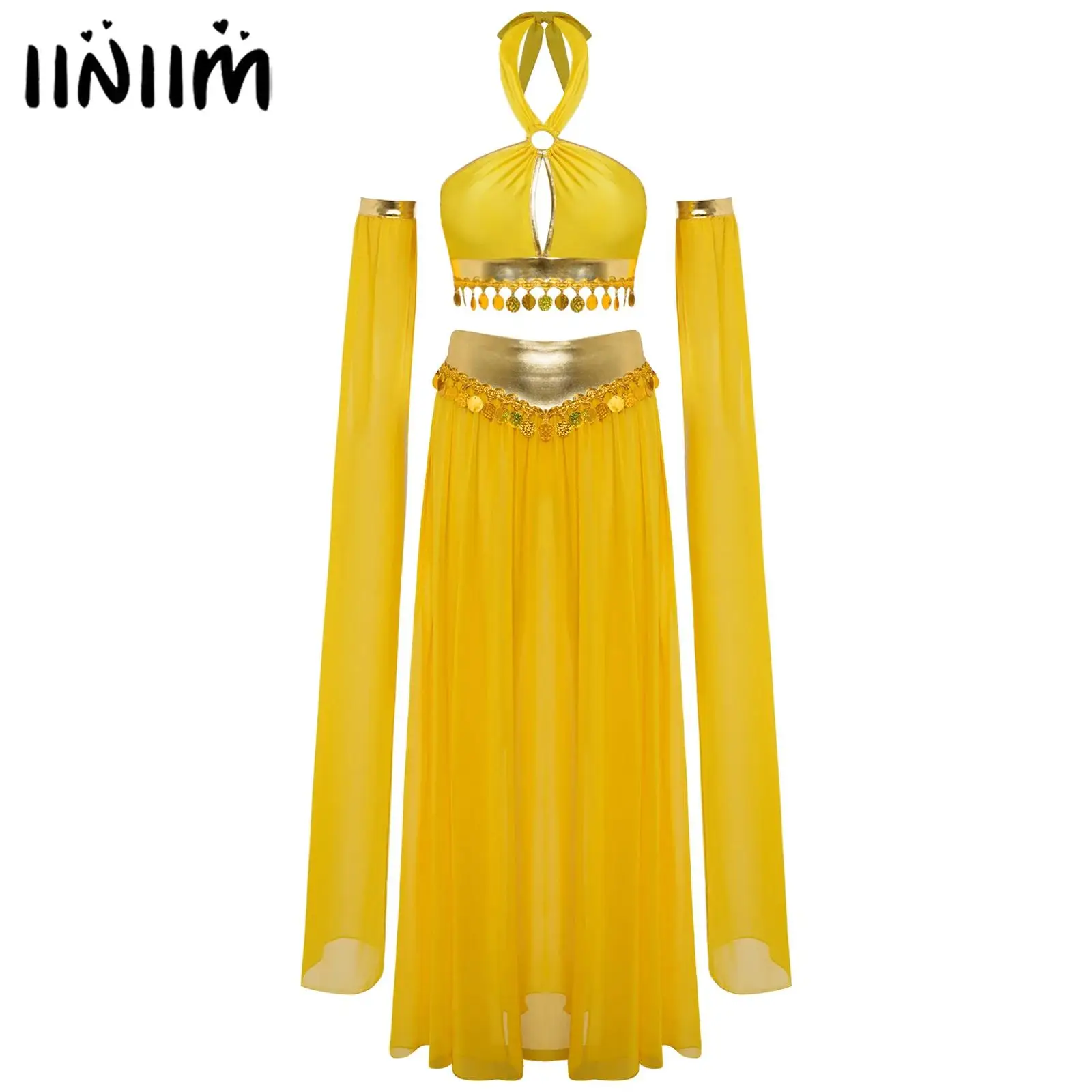 

Women Oriental Indian Belly Dance Performance Costume Front Sequins Hem Crop Top with Built-In Briefs Side Slit Chiffon Skirt