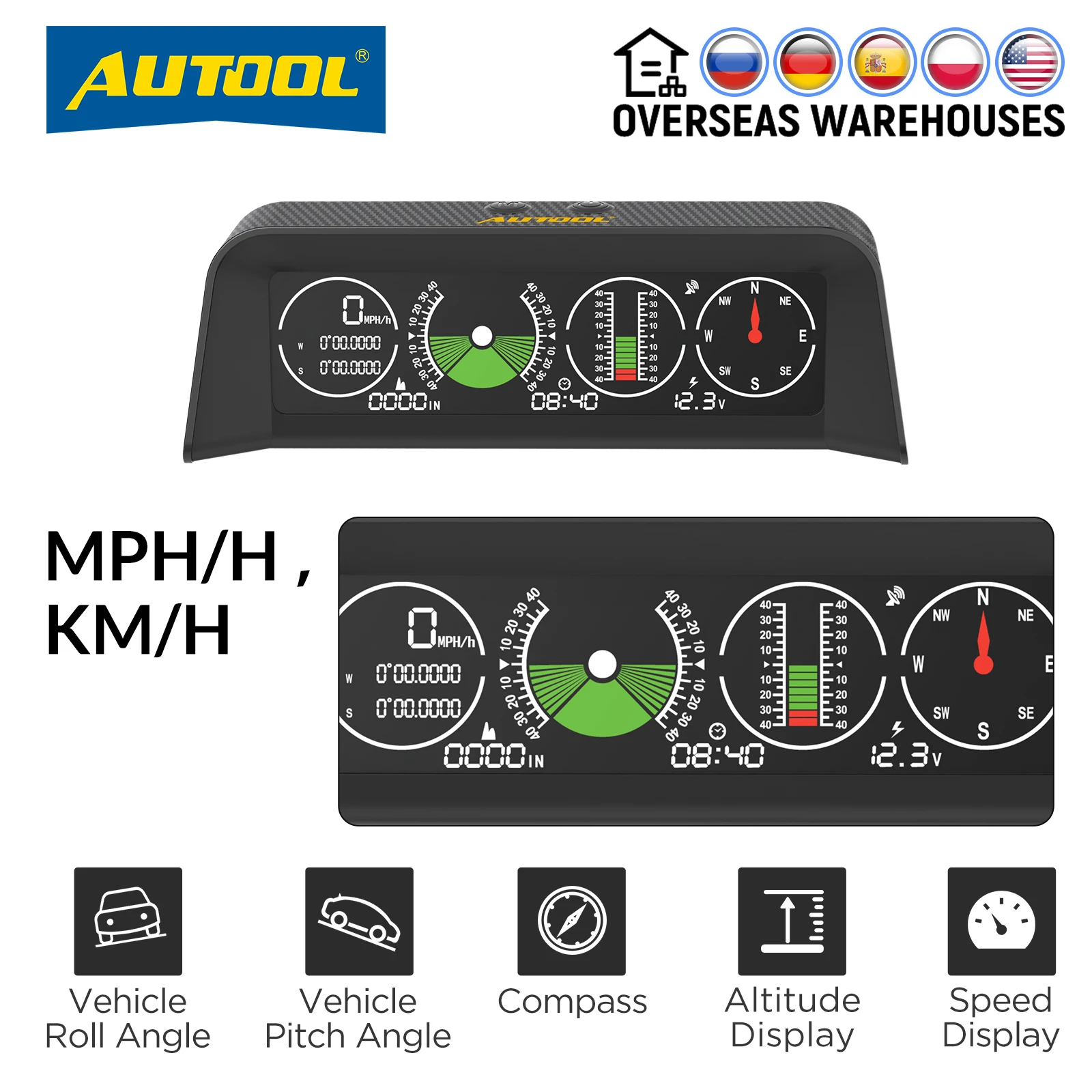 AUTOOL X90 GPS Speed Slope Meter Inclinometer Car HUD  Automotive Tilt Pitch Angle Protractor Latitude Longitude Smart Compass