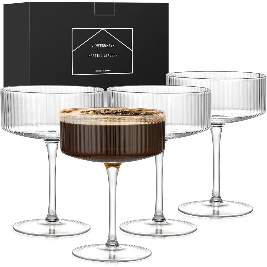 

Hand-blown 10 oz Vintage Cocktail Glasses Set of 4 with Ribbed Design for Espresso Martini Champagne Cosmopolitan Manhattan Ele