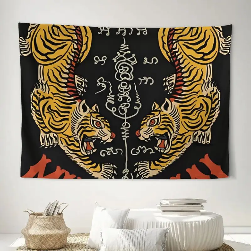 VIKAMA Vintage Twin Tiger Tapestry, Traditional Thai Sacred Rune Totem Wall Hanging, Exotic Aesthetic Home Decor Tapestry