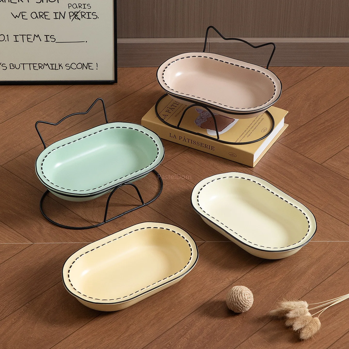 Cartoon Comic Dashed Line Ceramic Pet Bowl Stand, Elevated Cat Food Bowl Protect Neck Anti-Tipping Cat Dog Dish