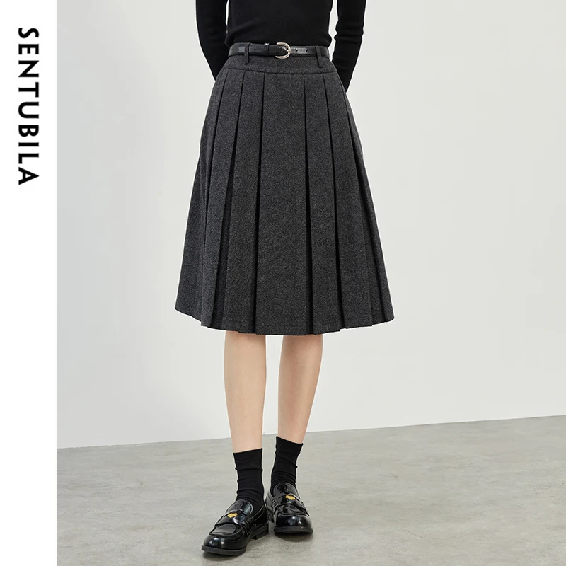 

SENTUBILA Wool Blend Pleated Skirts Women 2025 Autumn Winter Commute Preppy Style A Line Grey Skirt Woman Clothing 144Q57555