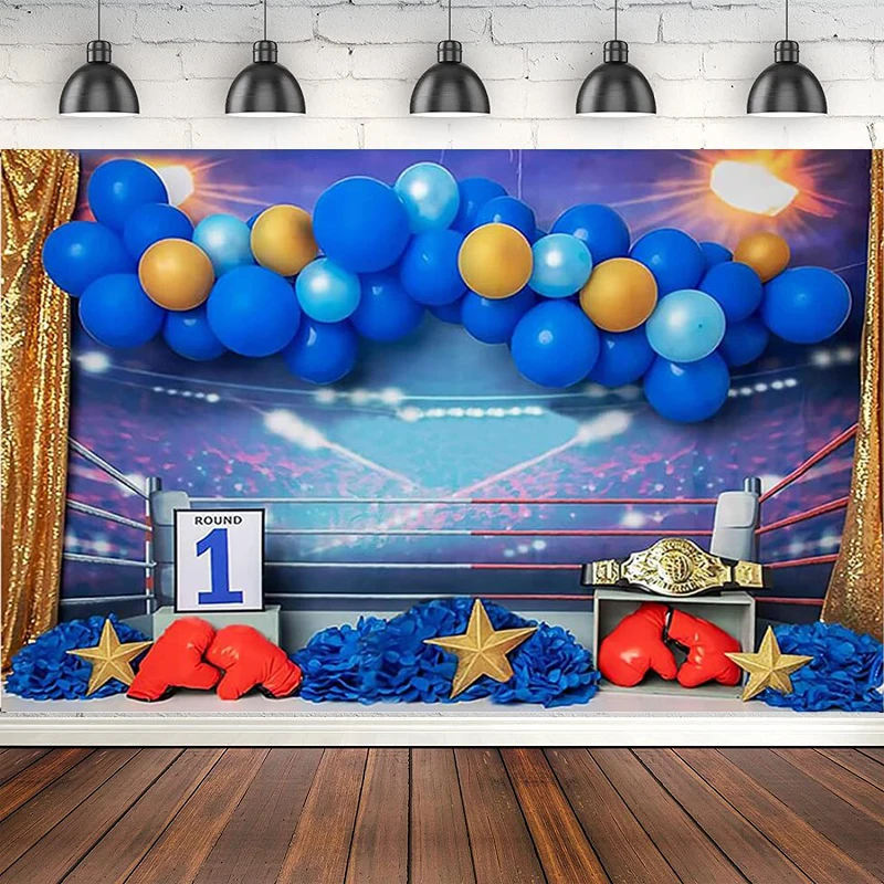 

Photography Backdrop Boy 1st Birthday Party Boxing Ring Red Boxing Glove Blue Balloons Sports Rodeo Background Cake Table Decor