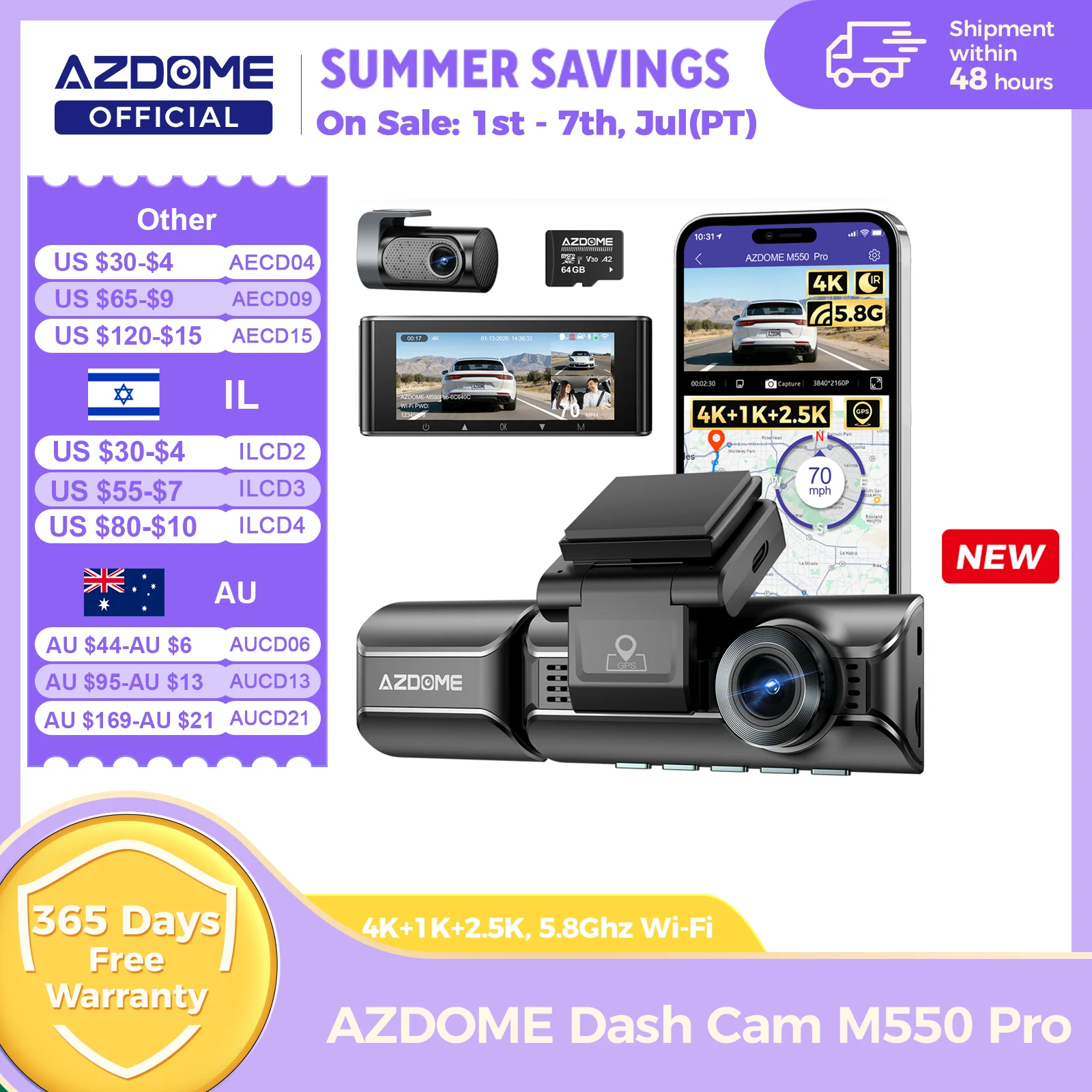Actualización AZDOME M550 Pro Dash Cam 4K Dashcam frontal Auto 5,8 Ghz Wi-Fi GPS G-sensor coche DVR 6 IR visión nocturna Monitor de estacionamiento