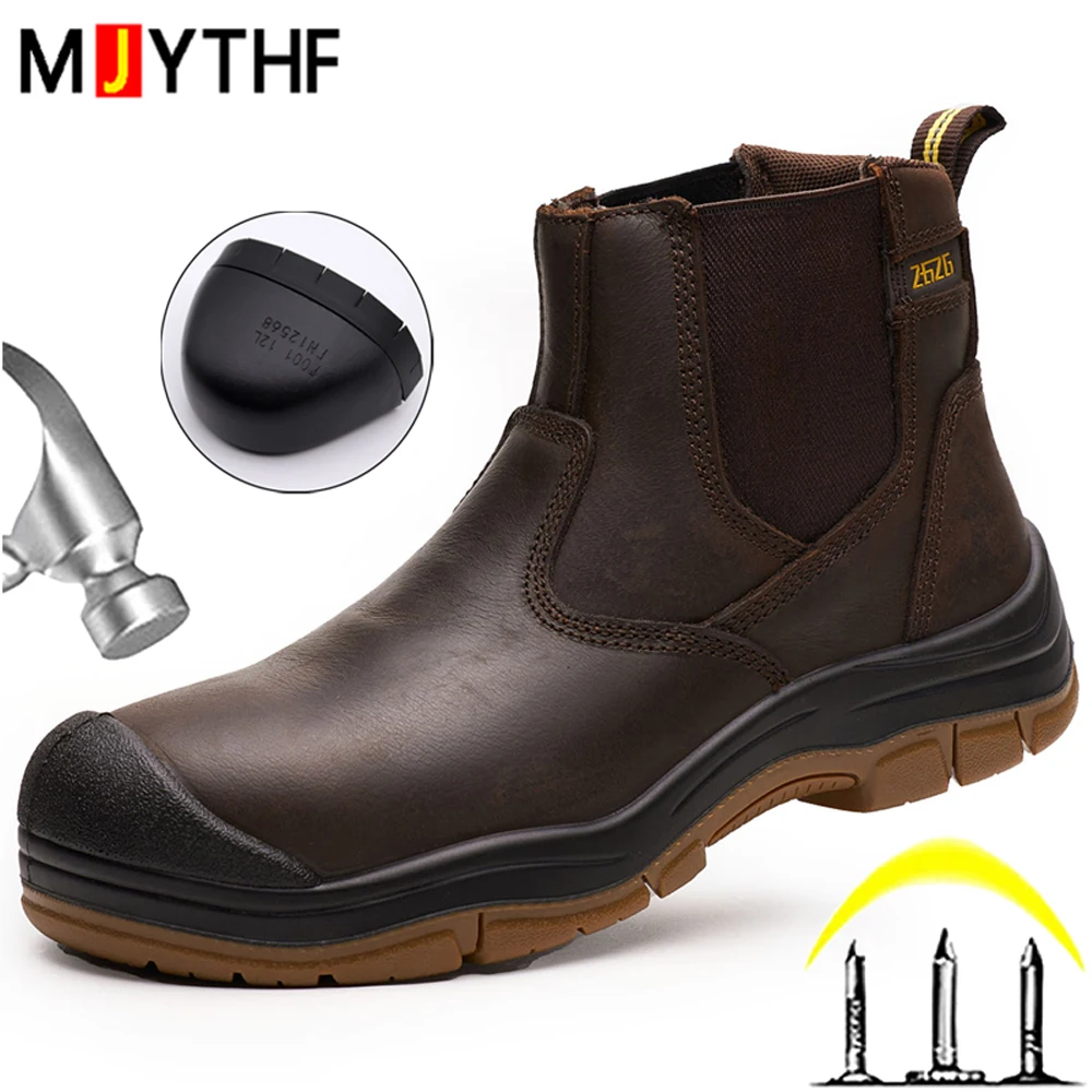 Genuine Leather Work Boots Men Safety Shoes High Temperature Oil Resistant Protective Boots Puncture-Proof Indestructible Shoes