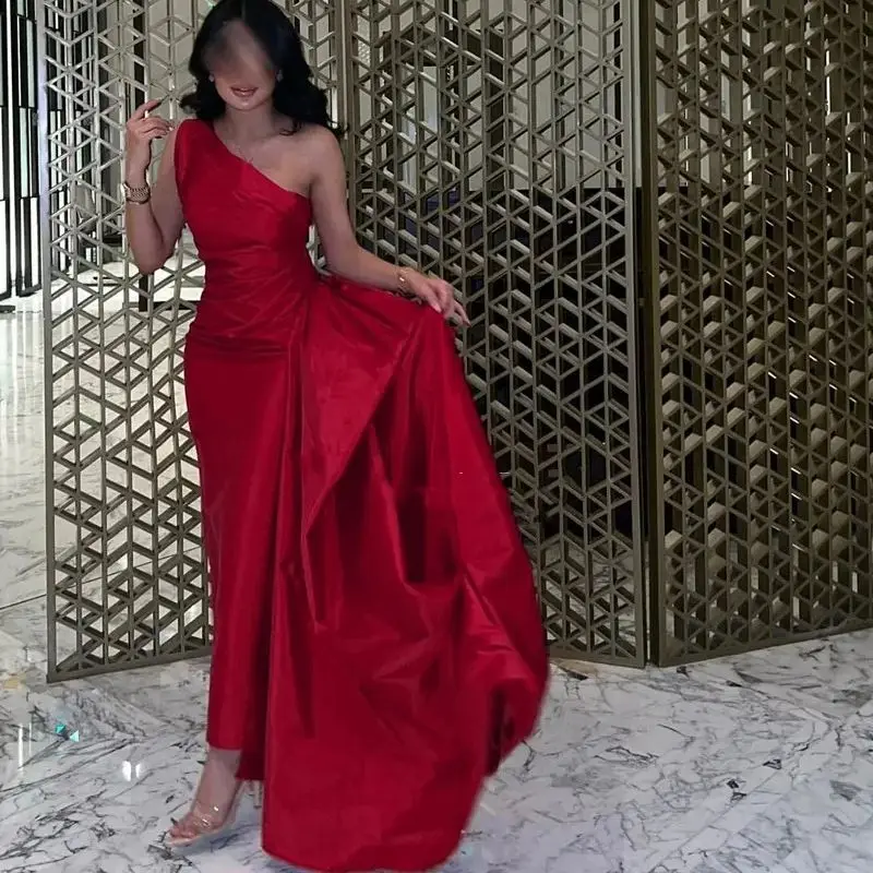 

Welove Red One Shoulder Mermaid Saudi Arabic Evening Dress Satin Dubai Arabia Celebrate Party Dress with Skirt Formal Prom Gowns