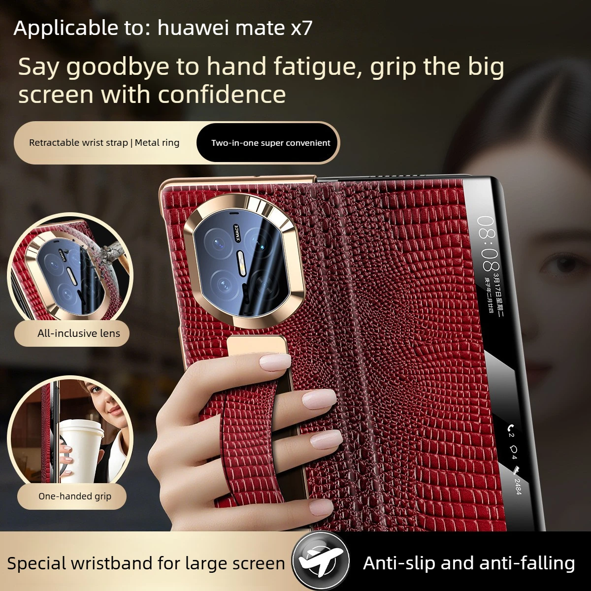 

Чехол-книжка 2-в-1 из натуральной кожи для Huawei Mate X7 с магнитной застежкой, узором под крокодила, защитой камеры и подставкой-ремешком