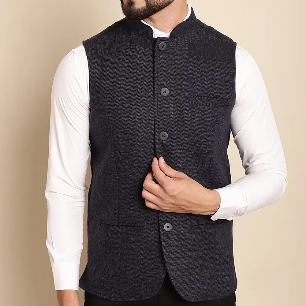 New Arrvial Stand Collar Men's Vest Single Breasted Herringbone Tweed Single Breasted Men's Waistcoat For Wedding