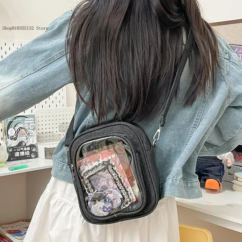 Casual and Simple Denim Crossbody Phone Bag for Women See-Through Badge Doll Show Shoulder Bag Individual