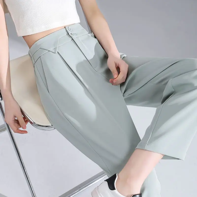 Woman Spring Summer High Quality Ice Silk Suit Pants Lady Fashion High Slim Fit Solid Color Business Suit Trousers Nine Pants