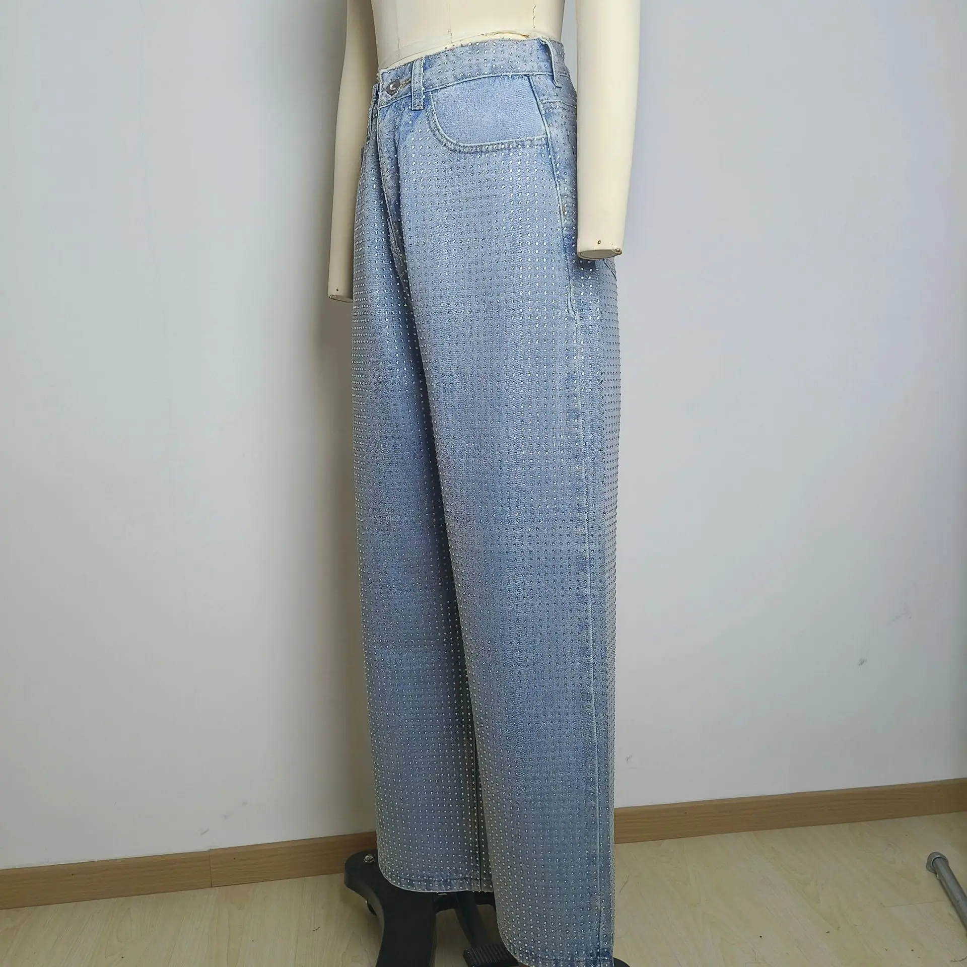 Gerade Jeans für Frauen Diamanten Hosen Stretch Hohe Taille Gewaschen Distressed Taschen Vintage Denims Streetwear Weibliche Hosen