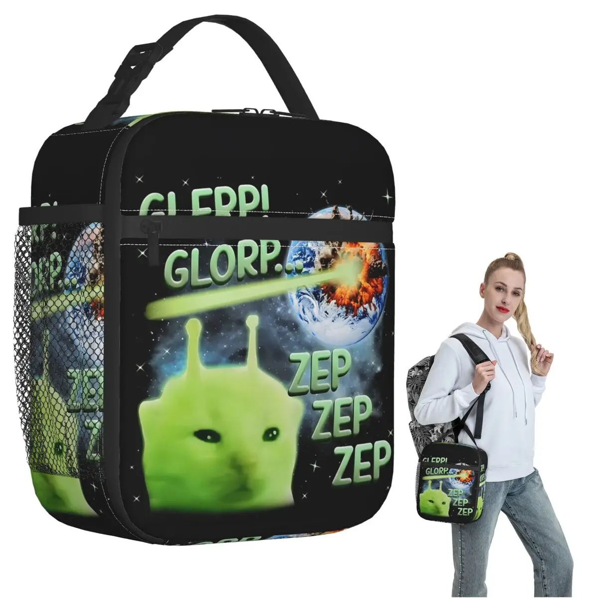 Glerp Glorp Alien Cat Weird Brainrot Meme Space Humor Insulated Lunch Bag Children Portable Food Boxes Thermal Lunch Box Tote