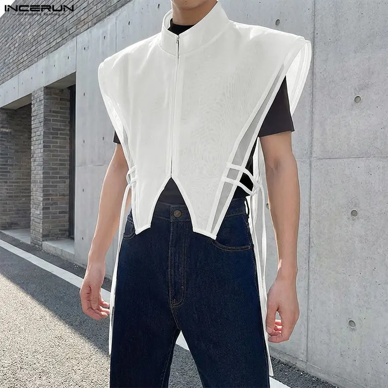 

Мужские жилеты INCERUN, однотонные, с воротником-стойкой, без рукавов, нестандартного кроя, с прозрачной молнией, стильная мужская одежда, топы