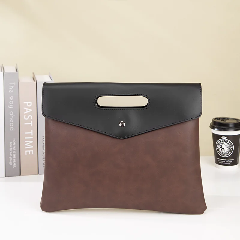 PU leather wear-resisting men's clamshell clasp hand grasp bag color collision thin flat file storage hand briefcase