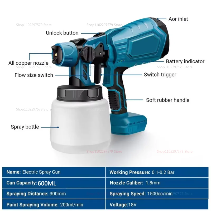 Cordless Paint Sprayer 18V Battery Powered Paint Gun for Home Fence Furniture Cabinets Walls Car DIY Painting Tools(No Battery)
