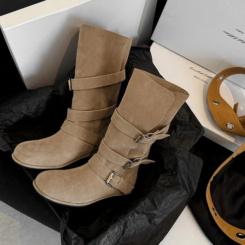 Woman Boots Cowgirls Western Botas Slip On Simple Pleated Mid-Calf Shoes Cow Suede Shoes Classic Style Spring Autumn Woman Boots