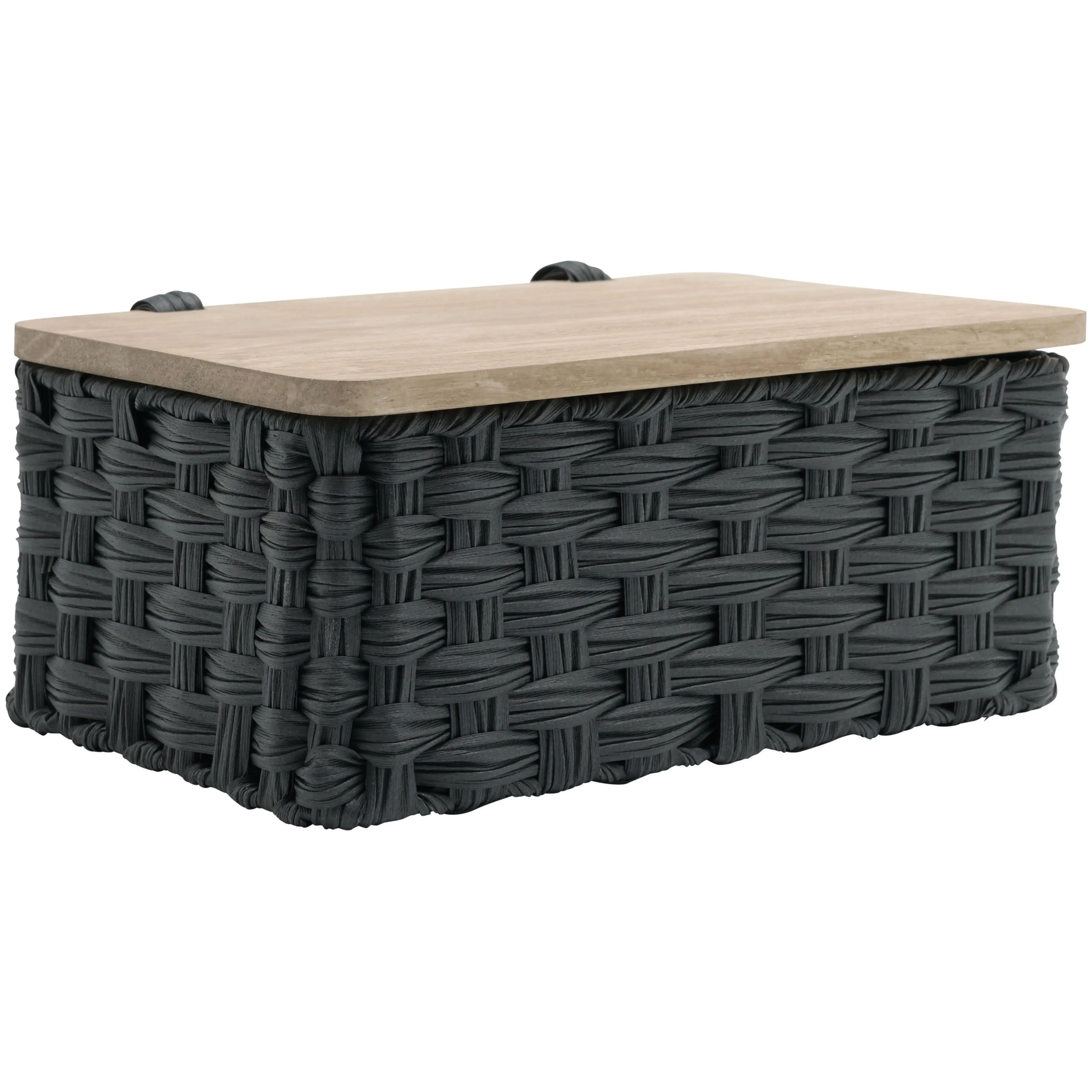 

Black Resin Woven Basket with Natural Wood Lid - Stylish Storage Solution