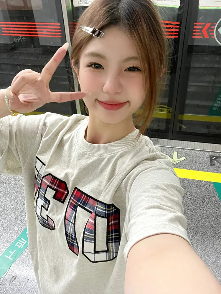 레트로 아메리칸 자수 코튼 티셔츠 여성 여름 신상 루즈핏 순면 라운드넥 탑