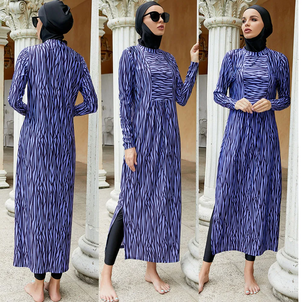 

Muslim Women Swimsuits Stripes Printed Modest Burkinis 3 Pieces Set Long Tops Pants Caps Full Cover Long Sleeve Swimwear Islamic