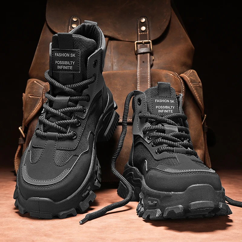 

Black High-Top Men's Shoes Spring Retro Versatile Casual Work Boots Outdoor Climbing Waterproof Non-Slip Sports Boots