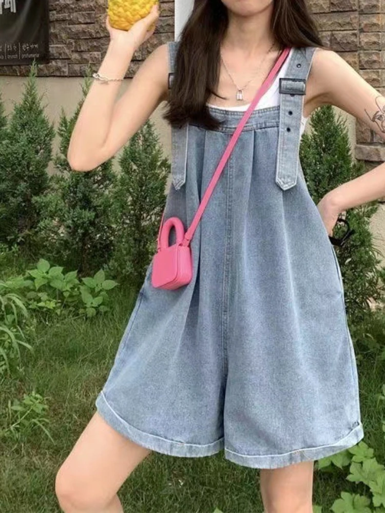 Denim Overalls Women One Piece Suspenders Wide Leg Short Pants Jumpsuits Solid High Waist Playsuits Loose Casual Rompers