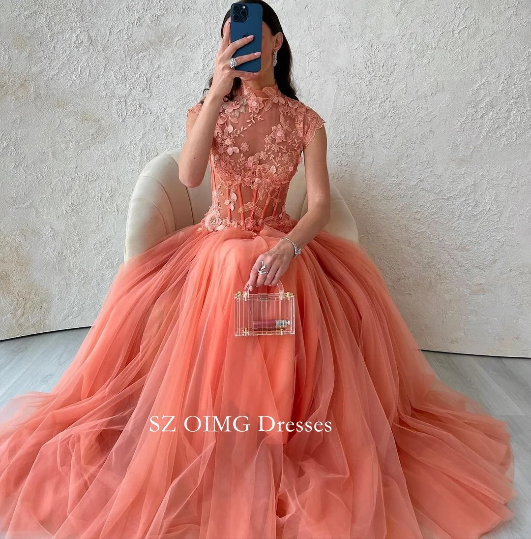 

OIMG Tulle Pink Women A-Line Sleeveless High Neck Appliques Prom Dresses with Cape Evening Gowns 2023 Formal Party Dress