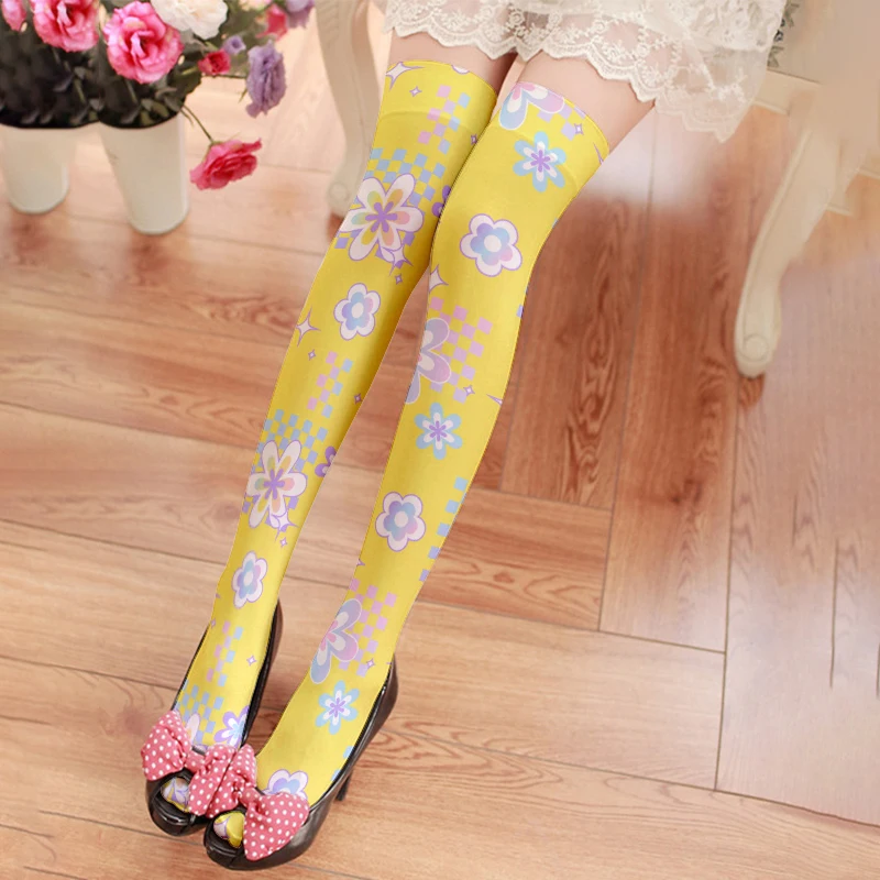 

Summer ladies sexy stockings new design flower striped printing pink, white and yellow over-the-knee socks cute sweet girl Loli