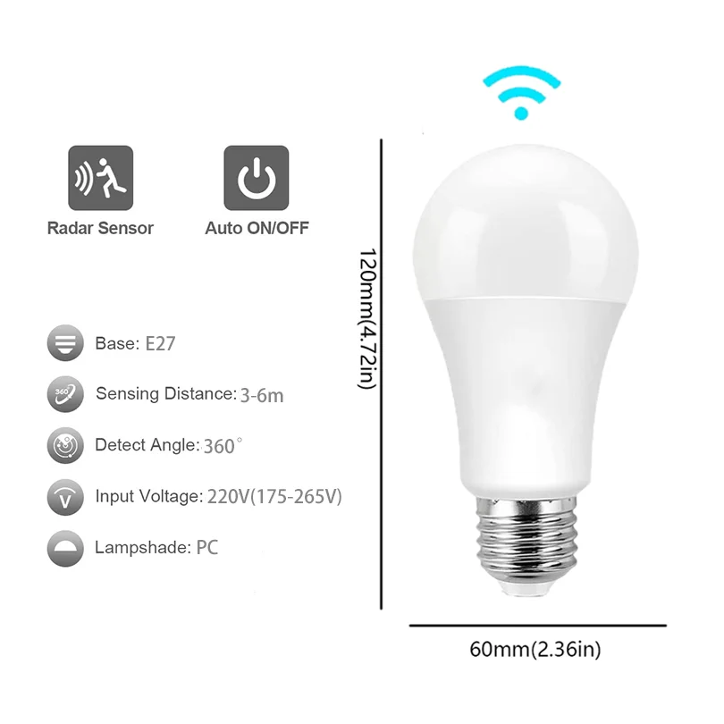 Radar Detection LED Light Bulb 220V E27 12W Radar Motion Induction Lamp Built-in Radar/Light Sensors For Home Stairs