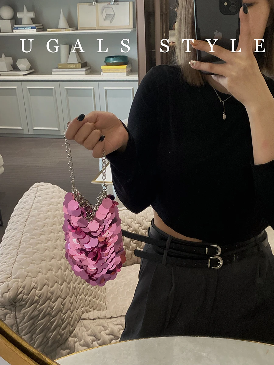 

UGALS Shiny Metal Fish Scale Sequin Handmade Woven Party Bead Mobile Phone Bag Underarm Crossbody Bag Women's Youth Fashion