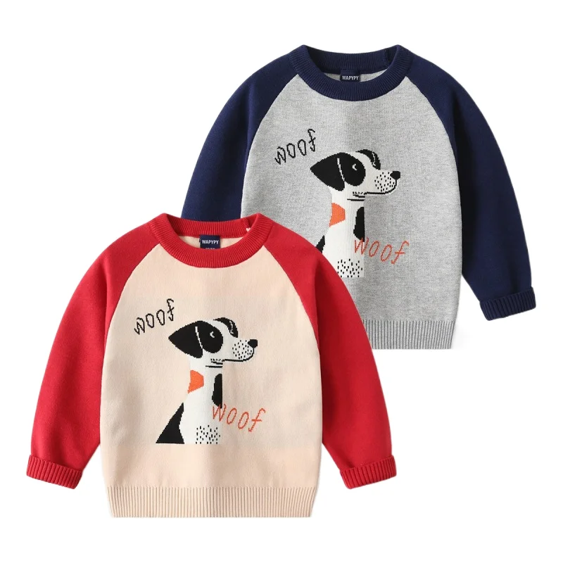 Little Kids' Color Block Cartoon Printed O-neck Long Sleeve Sweater Boys' Fashion Knitted Cotton Pullover Knitwear for Ages 2-7