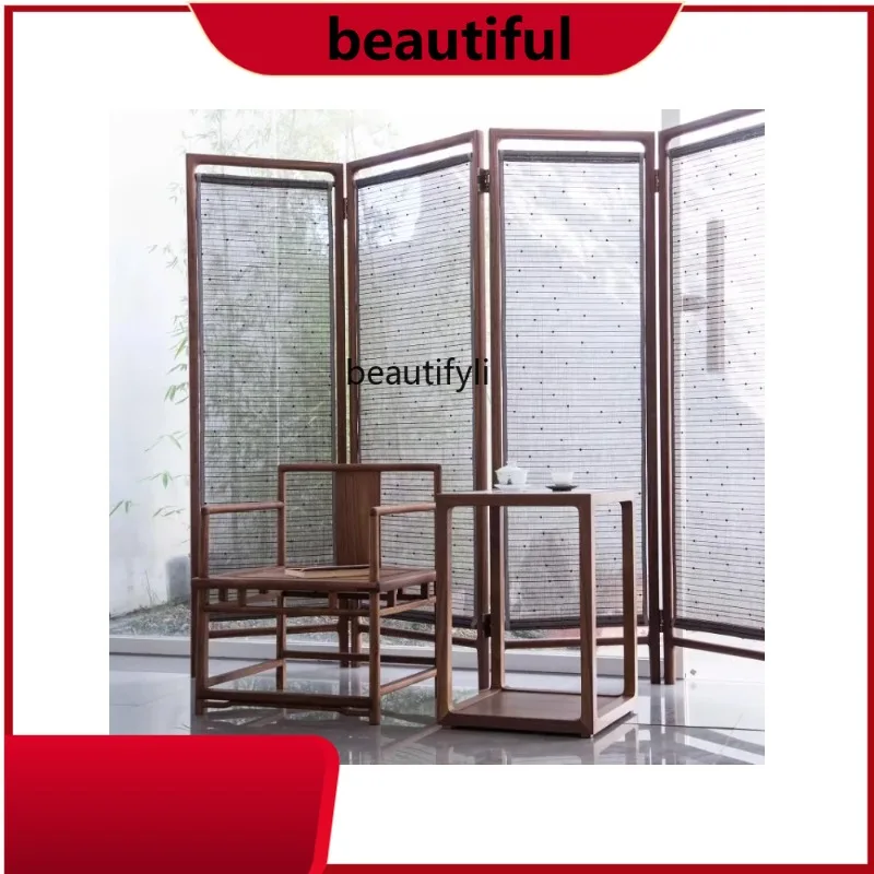 Zen New Chinese Style Black Walnut Solid Wood Screen Folding Partition Mobile Fabric Accordion Partition Living Room Furniture