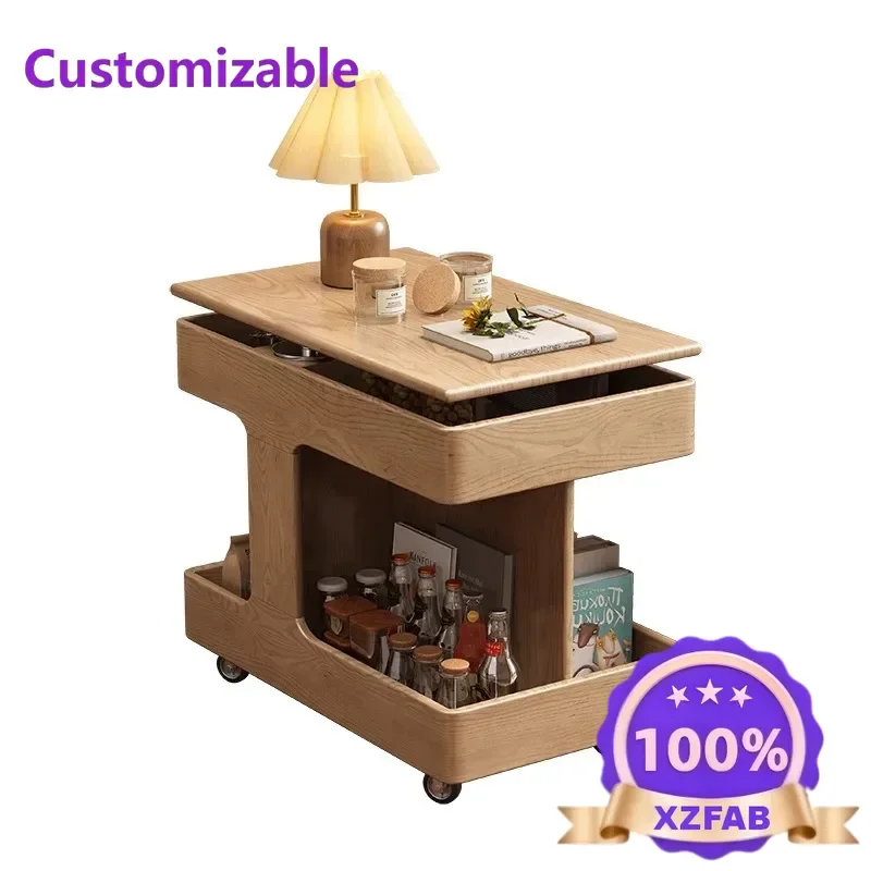 Factory Direct 2026 All solid wood movable side few household small apartment lifting coffee table living room side cabinet