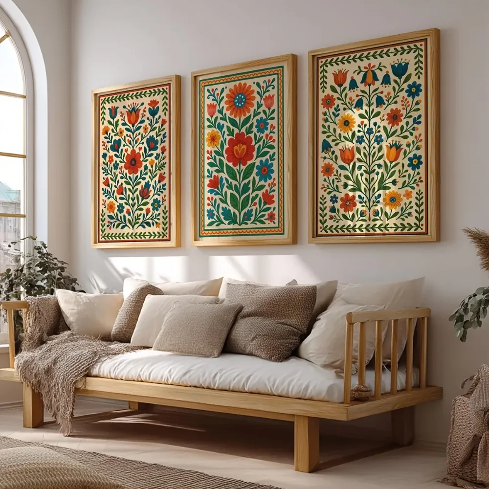 3pcs Frameless, Scandinavian Flower Wall Art, Colorful Plant Prints, Vibrant Flower Wall Art, Ethnic Bohemian Style Decoration