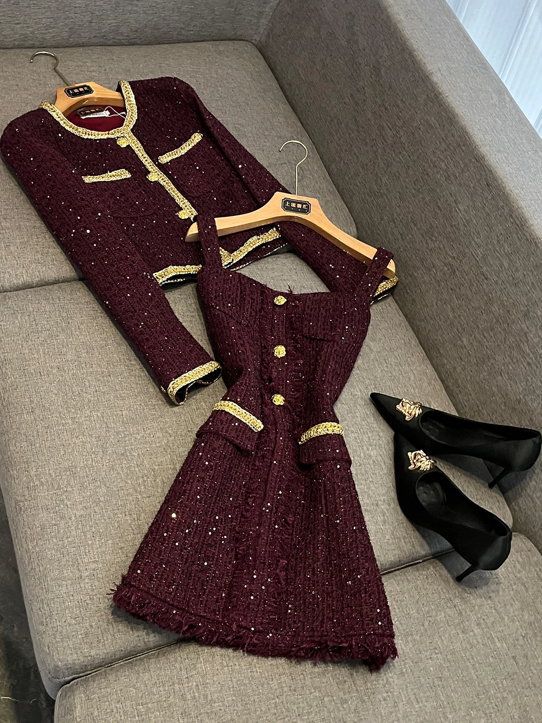 

Purple Woolen Suit Set with Bright Thread Short Coat And Dress X765 Autumn Summer Fashion Women's Clothing Ensemble