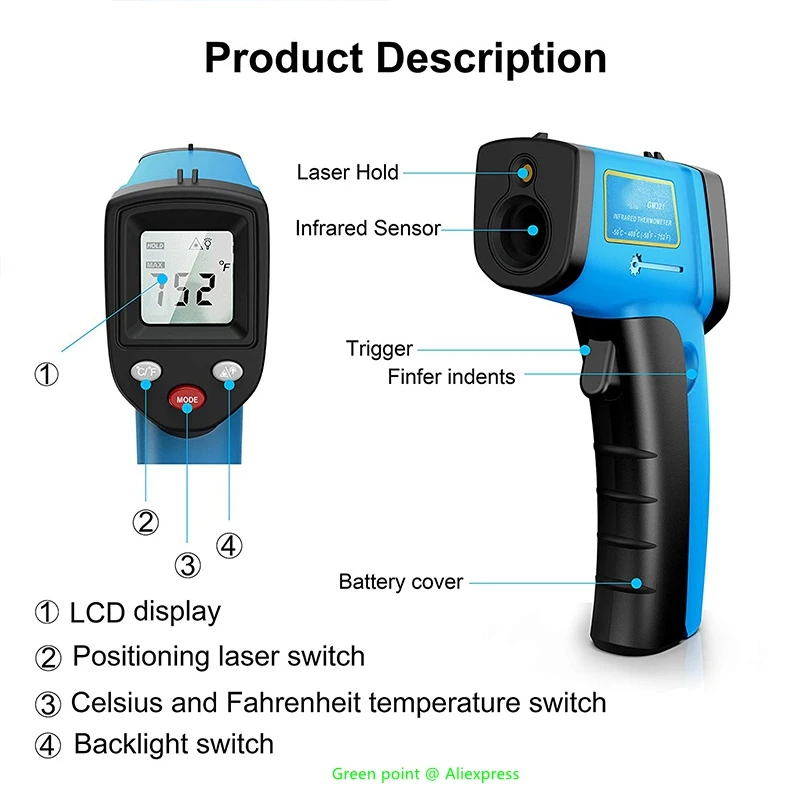 赤外線温度計gm321,50〜400 ℃ のデジタルディスプレイ,非接触,高温計,解像度,熱画像,5個