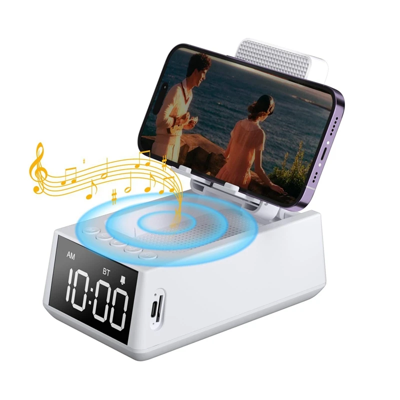 

3 In 1 Wireless Bluetooth Speaker With Loud Alarm Clock Cell Phone Stand TF Card Reader HD Surround Sound Durable (White)