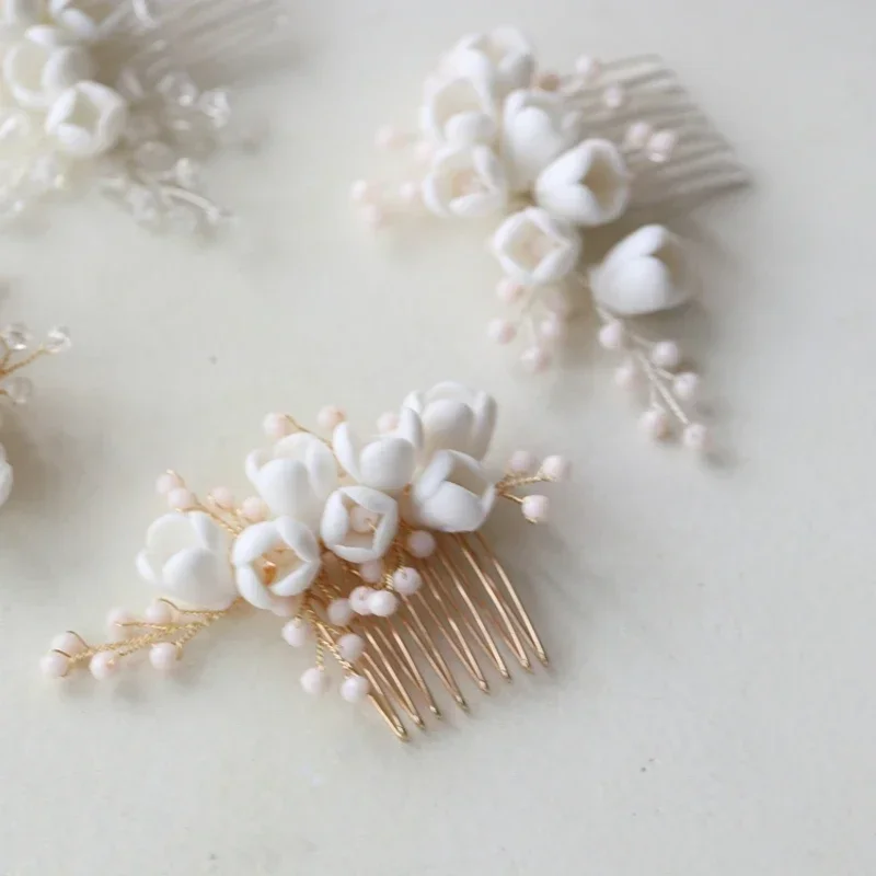 Simple Porcelain Flower Small Comb Wedding Hair Piece Crystal Bridal Headpiece Gold Silver Color Women Accessories
