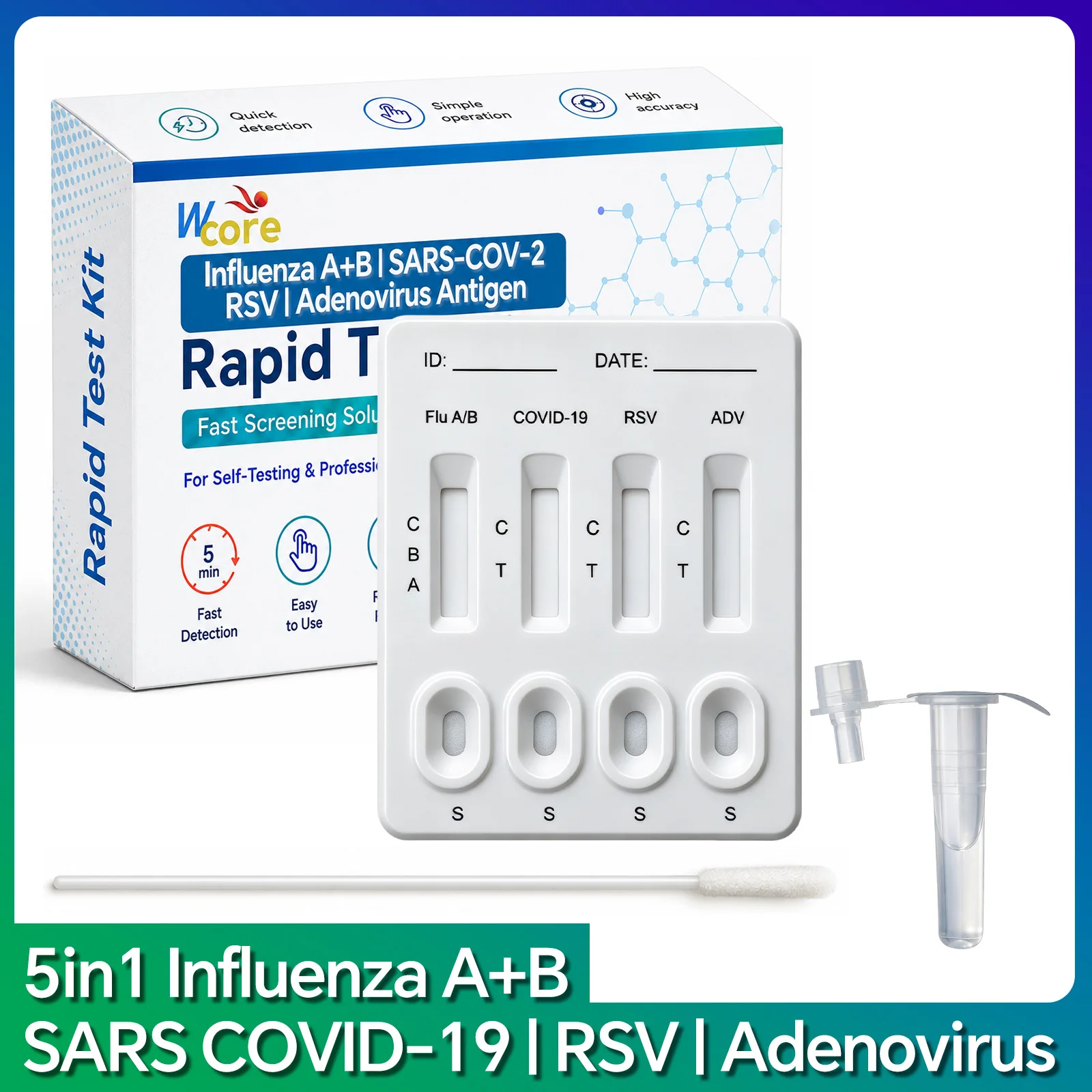 5-in-1 Respiratory Antigen Rapid Test Kit for Influenza A&B, SARS COVID-19, RSV, Adenovirus, Fast Accurate Easy-to-Read Results