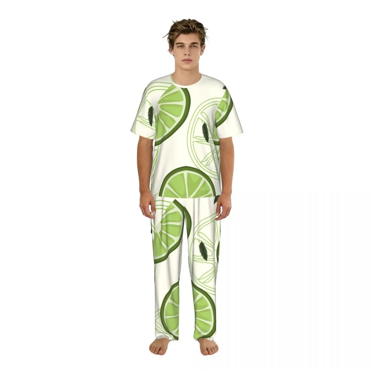 

Men's Pajamas Set Summer Short-Sleeve Tops + Long Pants Nightwear Home Wear Suits Lemon Citrus Sleepwear