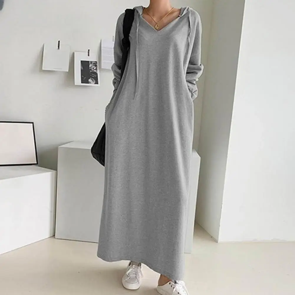 

Платье-Макси женское с длинным рукавом, элегантное однотонное осеннее мягкое дышащее платье с V-образным вырезом, кулиской и капюшоном