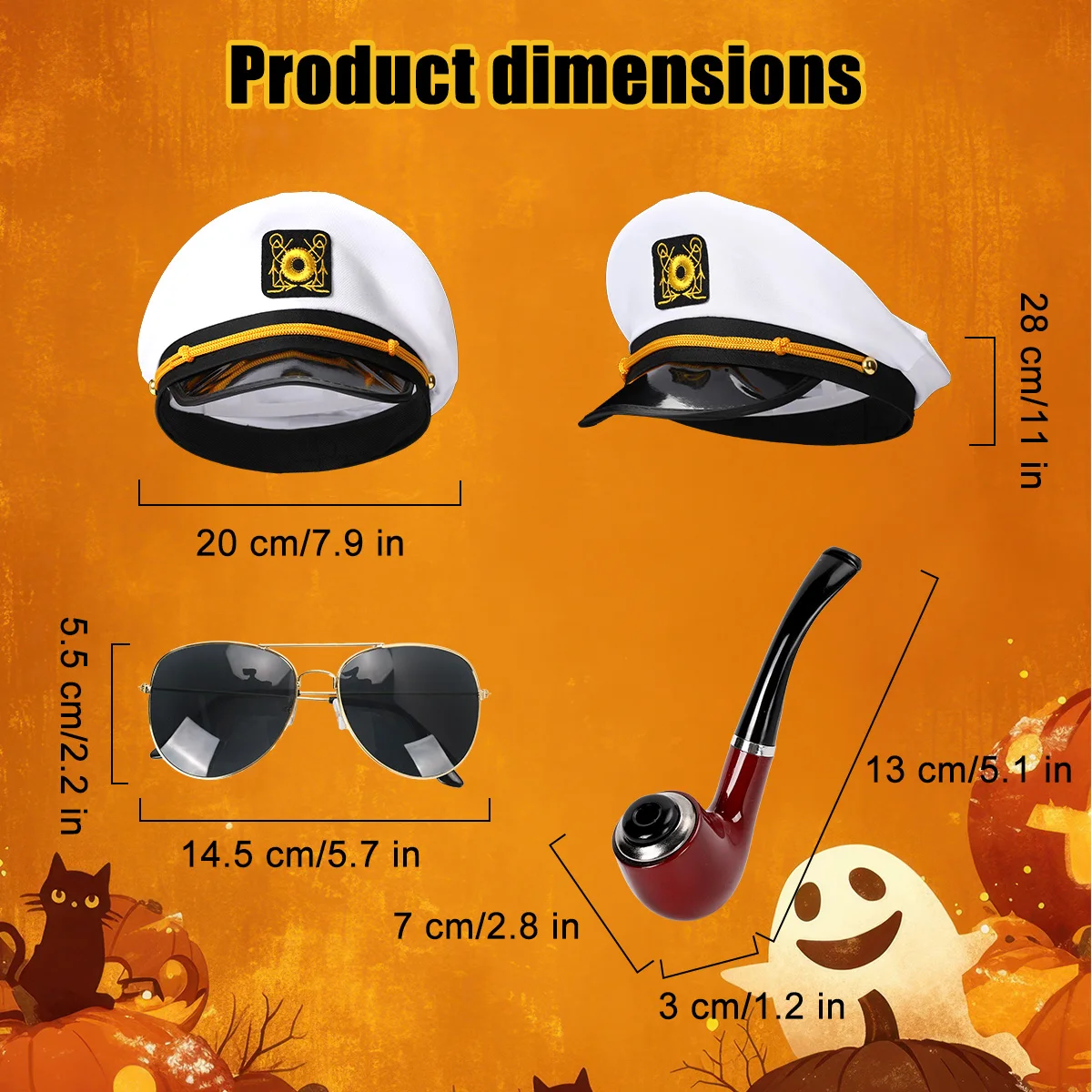 หมวกกัปตันเรือสีกรมท่าสำหรับผู้ใหญ่ พร้อมท่อสูบบุหรี่ แว่นกันแดด อุปกรณ์เสริมสำหรับงานปาร์ตี้คอสเพลย์ฮาโลวีน คุณภาพสูง ไม่รวมเสื้อผ้า