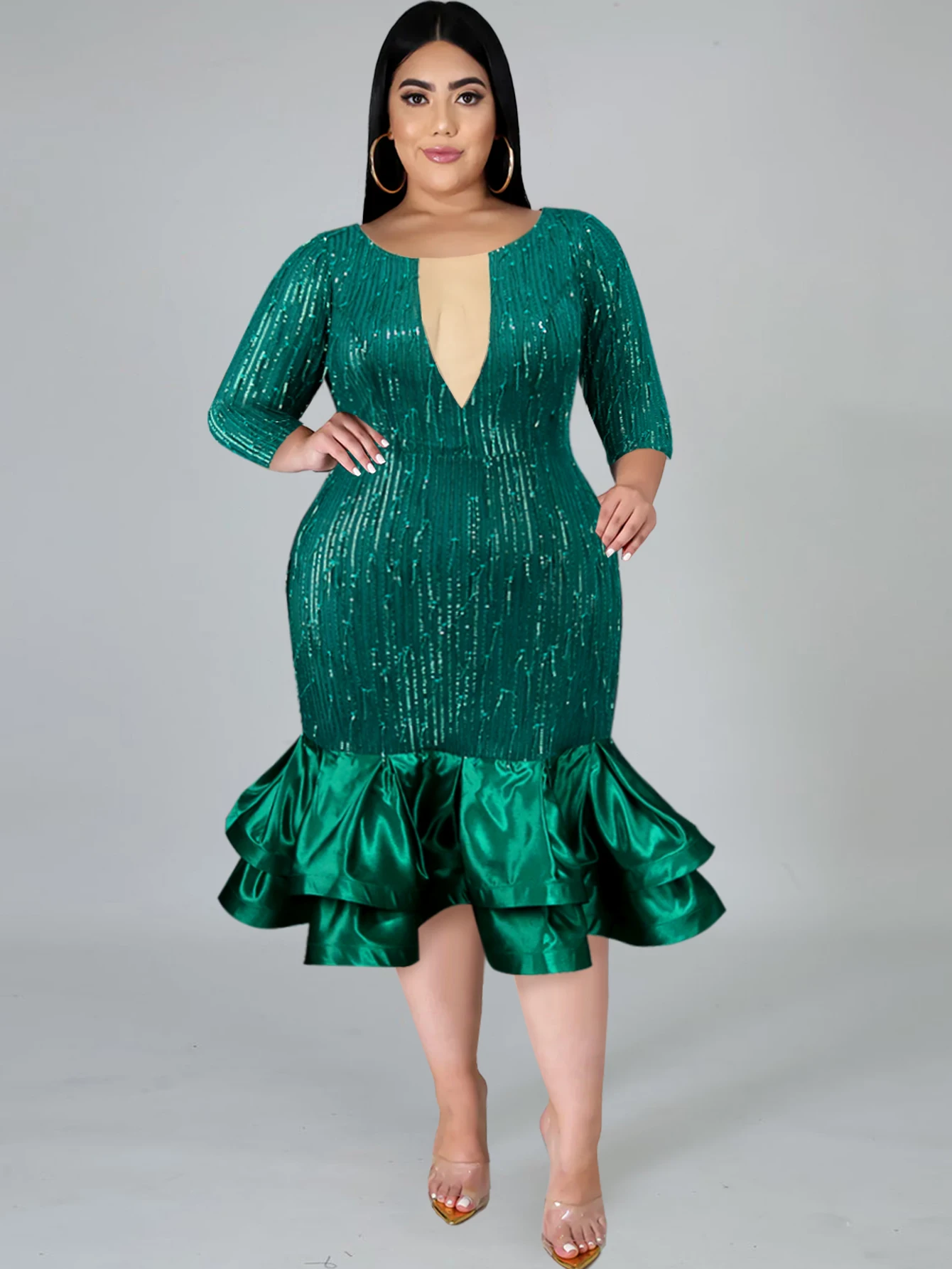 

Plus Size 4XL Women Luxury Sequined Evening Party Dress Green Gliter Long Sleeve Slim Tiered Ruffled Hem Prom Wedding Guest Gown