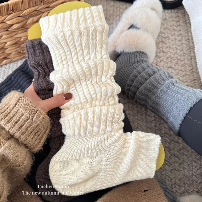 

Women Autumn/Winter New White Knitted Stockings Japanese Style Ankle Warmers JK Stacked Long Socks Cute Lolita Warm Foot Covers