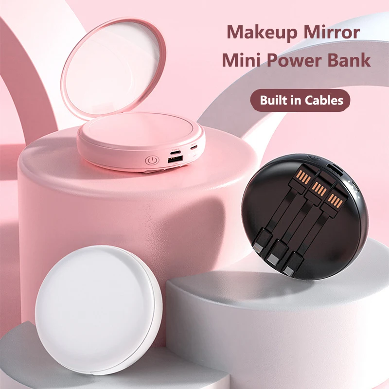 

20000mAh Makeup Mirror Power Bank Built in Cable Fast Charger Powerbank External Battery Pack For iPhone Huawei Xiaomi Samsung