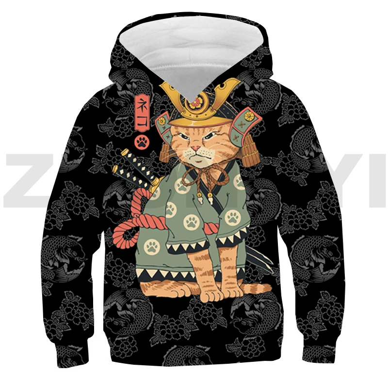 Japanese Samurai Cat Anime Hoodie Children Toddler 3D Cartoon Clothes Lounge Wear Merch Pullovers Cosplay Costume Tracksuit Men